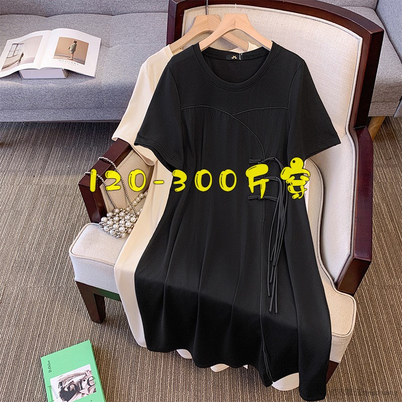 300斤特大码夏季新中式国风短袖连衣裙女200胖mm宽松遮肉显瘦裙子