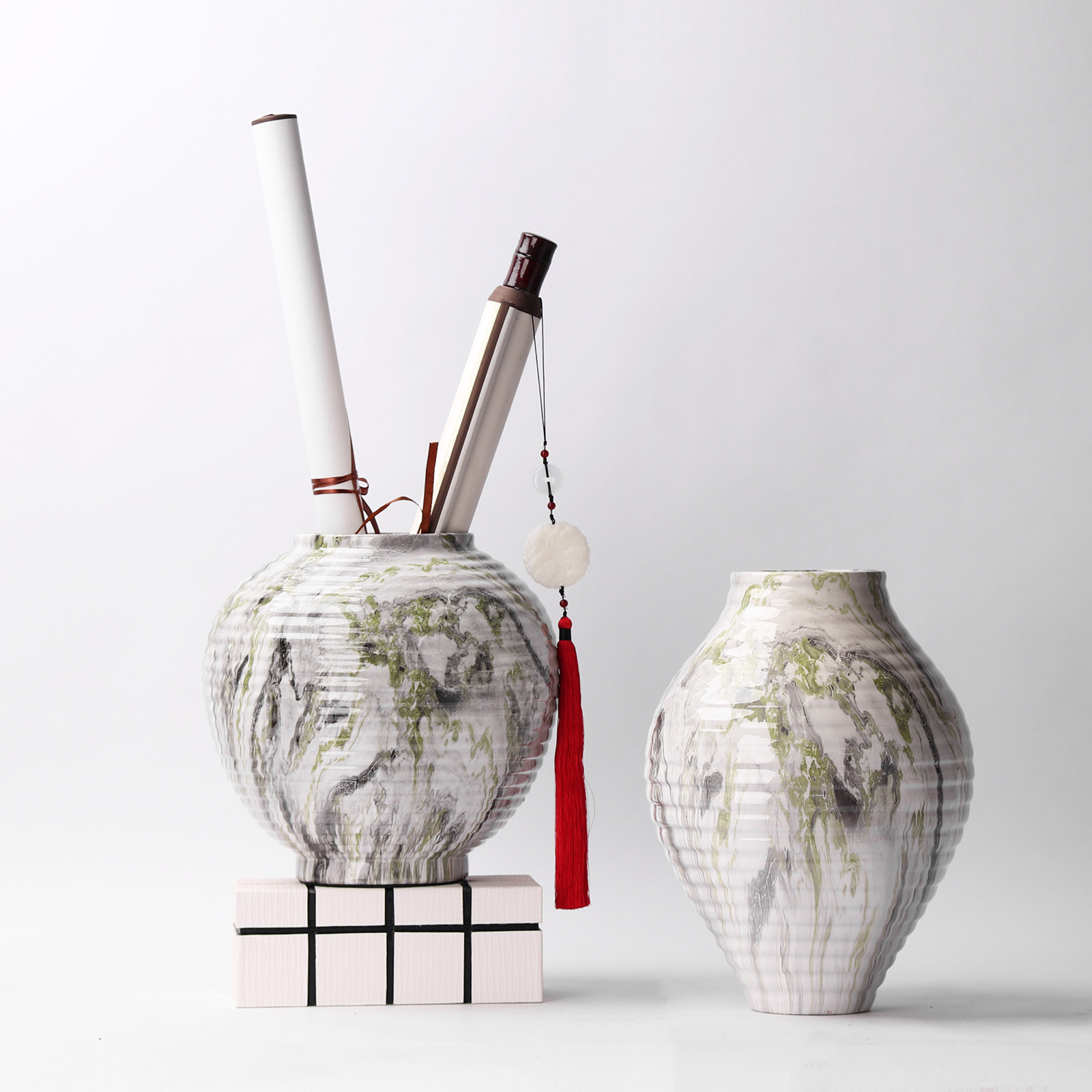 新中式陶瓷水墨花纹花器摆件样板间售楼处隔断层客厅玄关处装饰品