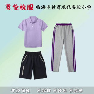 临海市哲商现代实验小学儿童紫色校服短袖夏季薄藏青运动短裤套装