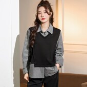 女装 200斤胖妹妹洋气时尚 假两件上衣胖mm宽松显瘦长袖 特大码 T恤衫