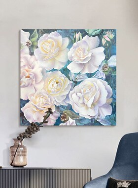法式轻奢白色牡丹花卉客厅装饰画抽象植物纯手绘油画高级玄关挂画