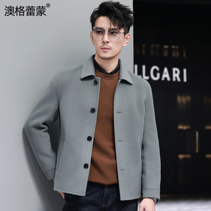 毛呢外套男翻领短款时尚双面呢夹克秋冬零羊绒休闲羊毛呢子大衣潮