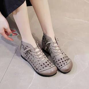 真皮平跟凉靴f女2021夏镂空洞洞凉鞋平底圆头套脚短靴复古马丁靴