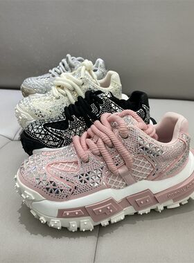 2024女鞋新款松糕厚底低帮透网休闲鞋全钻系带老爹鞋增高水钻网鞋