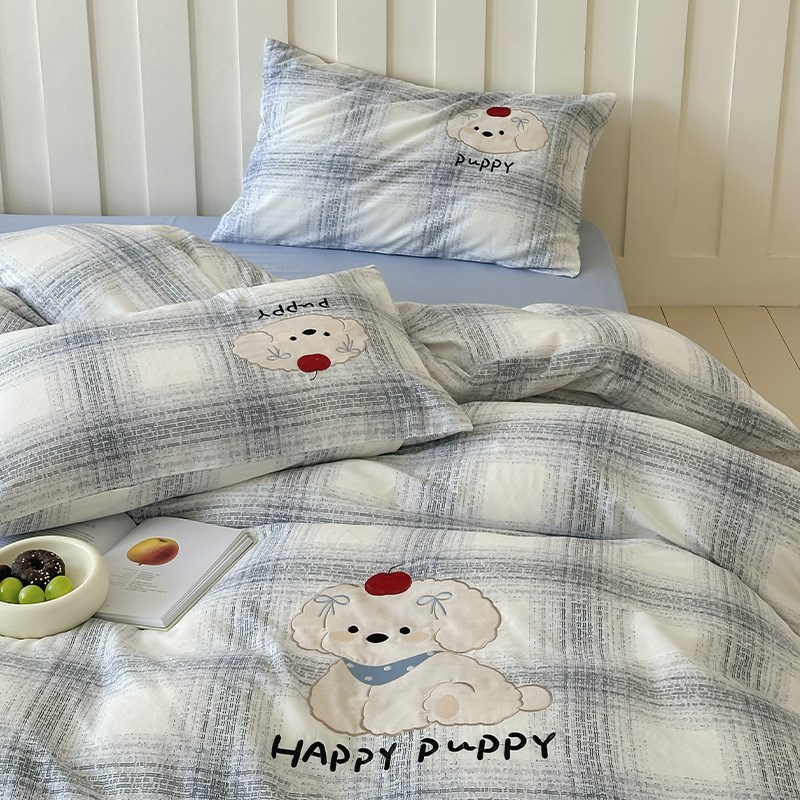 A类全棉双层纱布四件套少女心可爱卡通刺绣被套纯棉1.8床单床品