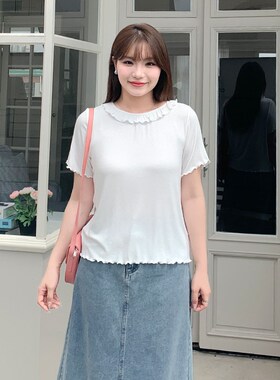 大码女装200斤胖mm春夏正肩木耳边短袖T恤女宽松显瘦上衣32189