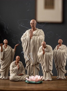 禅意紫砂小和尚摆件中式家居客厅玄关陶瓷人物小沙弥桌面装饰摆设