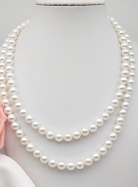 海水母贝合成珍珠项链 两层气质珍珠颈链女款毛衣链配饰旗袍装