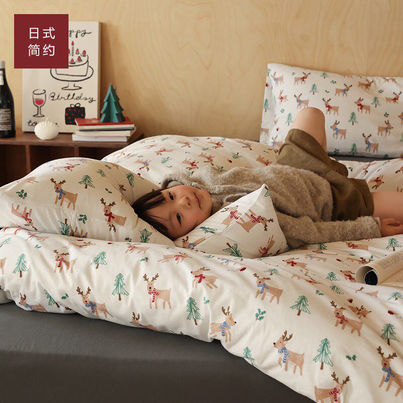 圣诞节可爱卡通h印花天竺棉床上用品四件套针织棉a类母婴级三件套