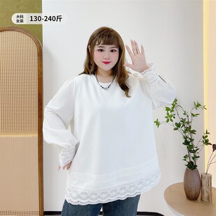 胖mm宽松遮肉拼接蕾丝T恤衫 300斤白月光休闲风上衣胖莹莹大码 女装