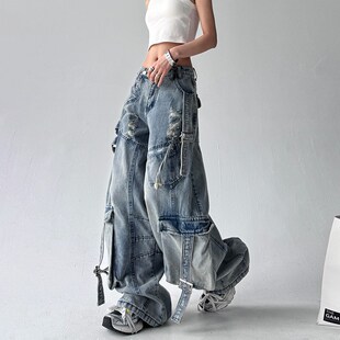 美式重工飘带破洞弯刀牛仔裤男女2025超火春装阔腿多口袋工装裤