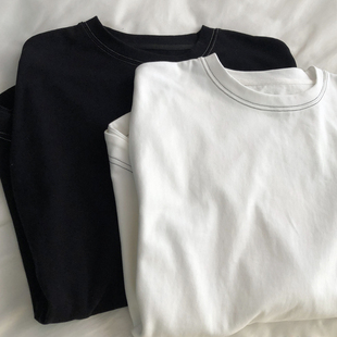 白t T恤圆领宽松百搭中长版 小众明线 磨毛300克水洗棉慵懒简约长袖