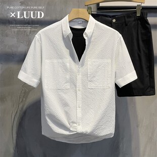 潮男透气衬衫 LUUD 夏季 绅士翻领短袖 新品 潮流颗粒感帅气衬衣个性