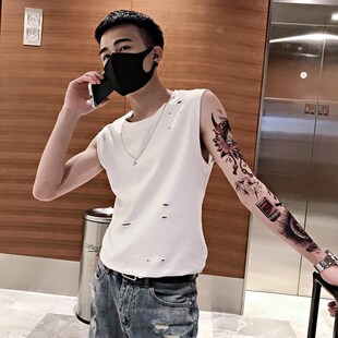 夏季 百搭纯色无袖 圆领T恤韩版 网红透气上衣帅 破洞背心男潮牌时尚