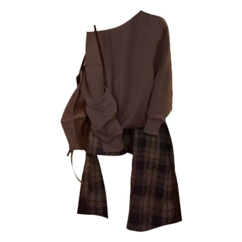 大码胖妹妹穿搭一整套女装斜肩长袖卫衣不规则格纹半身裙时尚套装