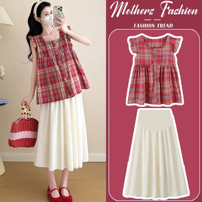 孕妇连衣裙套装夏季2025新款红格子无袖娃娃衫上衣半身裙两件套女,孕妇装/孕产妇用品/营养,连衣裙,淘宝优惠券,粉丝福利购,淘宝优惠卷