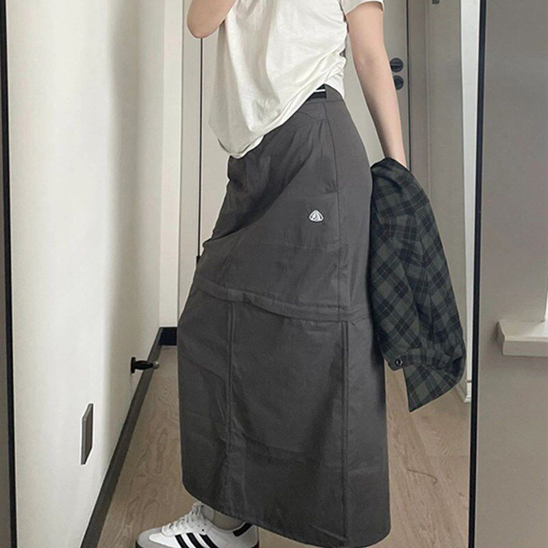 灰色工装裙设计感小众两穿长裙夏大码胖mm宽松显瘦遮大腿粗半身裙