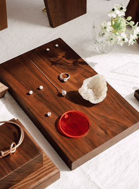 黑胡桃首饰摆件收纳项链耳钉耳环展示架拍摄组合道具简约木块榉木