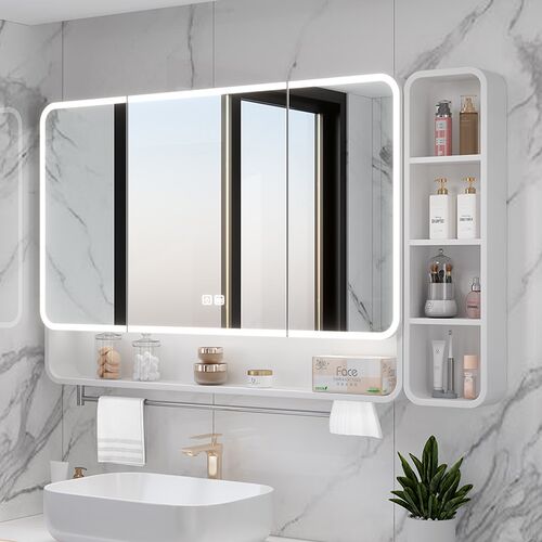 加厚太空铝圆弧形浴室镜柜智能灯光带侧边储物柜卫生间美妆抽纸孔