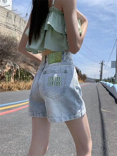 卷边牛仔短裤女夏季薄款2024新款高腰复古小个子显瘦a字宽松热裤