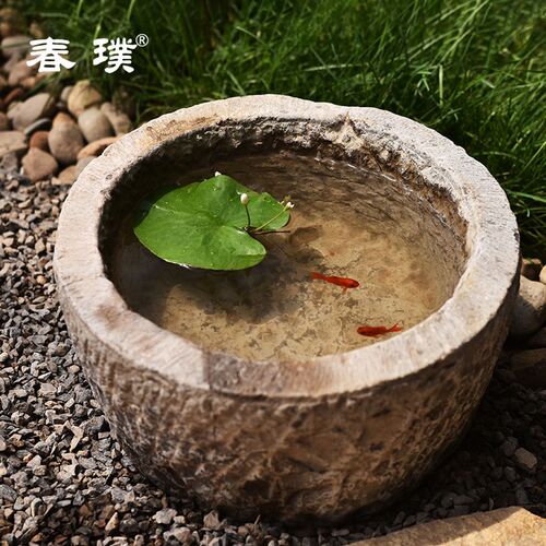 老石槽圆盆民间旧石器石雕花盆猪槽石盆景观摆件水槽水景流水鱼盆