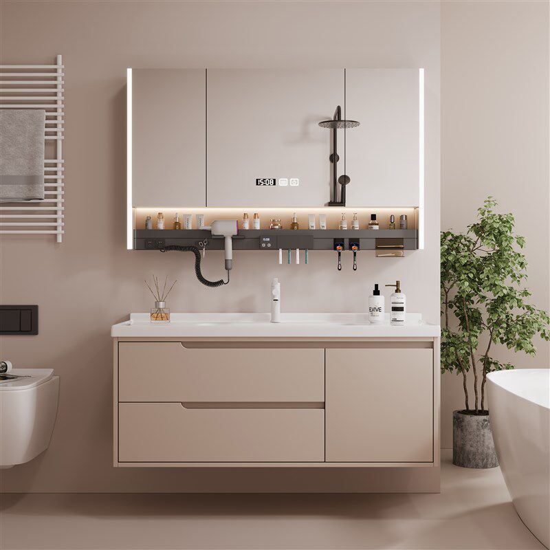 现代简约浴室柜组合奶油风储物镜柜洗手盆套装卫生间洗脸盆柜组合