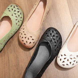 优雅凉鞋 妈妈鞋 真皮平底平跟皮鞋 中老年人春夏季 镂空中年女洞洞鞋