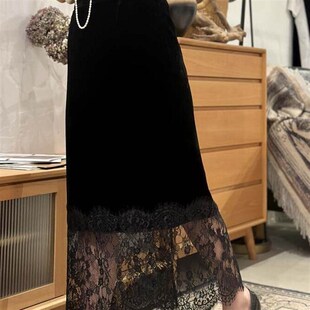 骨子里 气质高级感蕾丝拼接真丝绒后开叉松紧腰显瘦半身裙 优雅