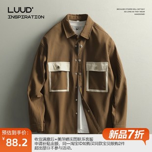 LUUD 潮流复古条纹衬衫男口袋撞色工装长袖衬衣百搭翻领秋装外套