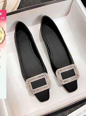 气质单鞋女平底2024新款春v季浅口方头鞋子百搭黑色瓢鞋大码41一4