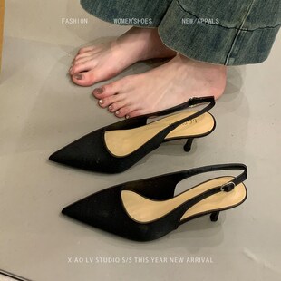 法式包头凉鞋女大码黑色浅口单鞋2B025新款夏季外穿细跟尖头高跟