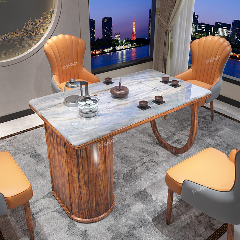 新中式乌金木天然大理石茶桌实木茶台家用泡茶一体阳台茶桌椅组合