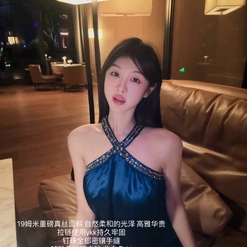 *微醺午夜蓝*松弛感真丝面料全手工钉珠重工镶钻连衣裙图片