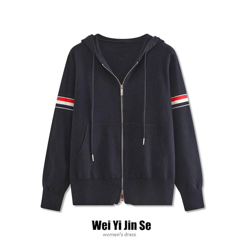 韩版tb春秋新款慵懒风彩条双袖杠针织拉链连帽开衫宽松外套女上衣