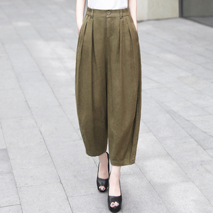 女秋季 休闲百搭哈伦裤 新款 萝卜裤 高腰显瘦老爹裤 复古纯亚麻灯笼裤