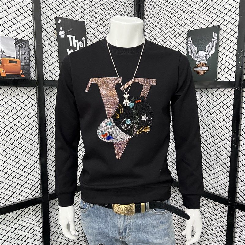 欧货烫钻帽子卫衣男时尚修身长袖体恤打底衫上衣T恤百搭秋冬新款