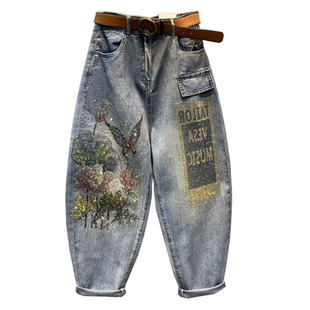 萝小脚哈伦裤 破洞印花烫钻牛仔裤 宽松休闲九分老爹裤 新款 女春夏装