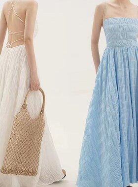 rowi海岛渡假漏背挂脖大摆连衣裙新女夏法式a字宽松无袖吊带长裙