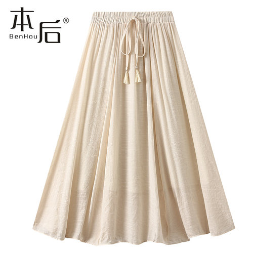 8818 复古棉麻半身裙女夏2023新款中长款小个子薄款a字裙高腰垂坠