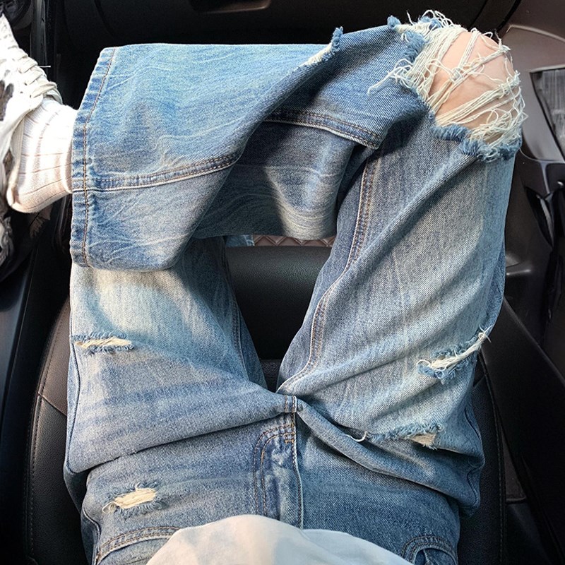 300斤大码胖mm高腰显瘦学生牛仔裤女夏季破洞裤子复古宽松直筒裤