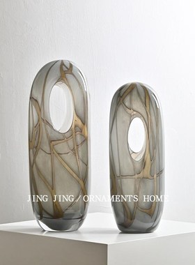 艺术褐色创意几何镂空玻璃花器摆件高档别墅电视柜摆设搭配装饰品