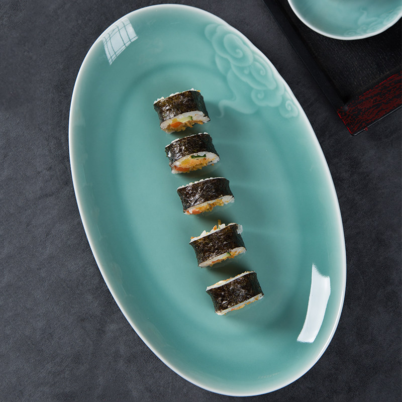 青瓷鱼盘13英寸大号陶瓷家用祥云餐具蒸烤菜鱼盘子微波炉酒店摆台