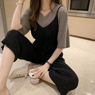 背带裤两件套装小个子洋气减龄时尚胖mm显瘦夏装2023新款大码女装
