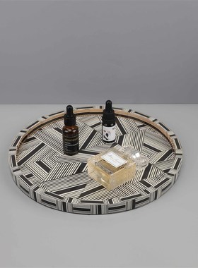 北欧轻奢黑白条纹收纳托盘摆件玄关卧室客厅电视柜样板房家居饰品