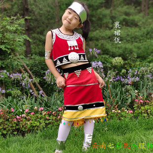 新款佤族女童装 瓦族儿童演出服装 裹裙佤族甩发舞女装送头饰脚套