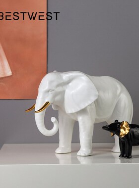 博西家居白色釉面陶瓷大象桌面摆件家居样板房办公室软装饰品