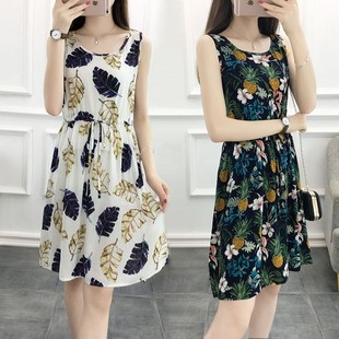 棉绸睡裙女夏季 夏天家居服 人造棉睡衣可外穿绵绸碎花连衣裙子薄款