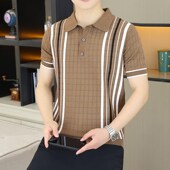 竖条纹针织t恤男短袖 上衣 撞色冰丝圆领体恤翻领半袖 夏季 高端时尚