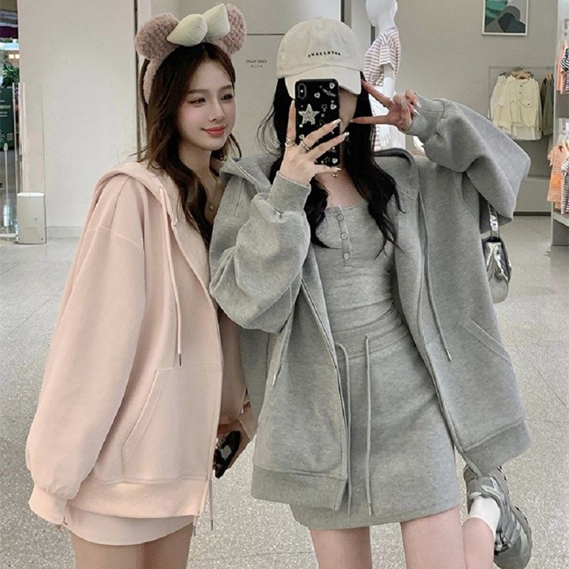 大码胖mm甜辣连帽卫衣外套内搭吊带包臀半身裙女早秋辣妹三件套装