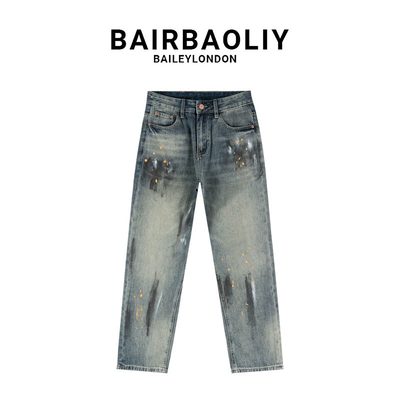 BAIRBAOLIY泼墨水洗做脏牛仔裤男美式潮牌油漆点宽松直筒裤2025春